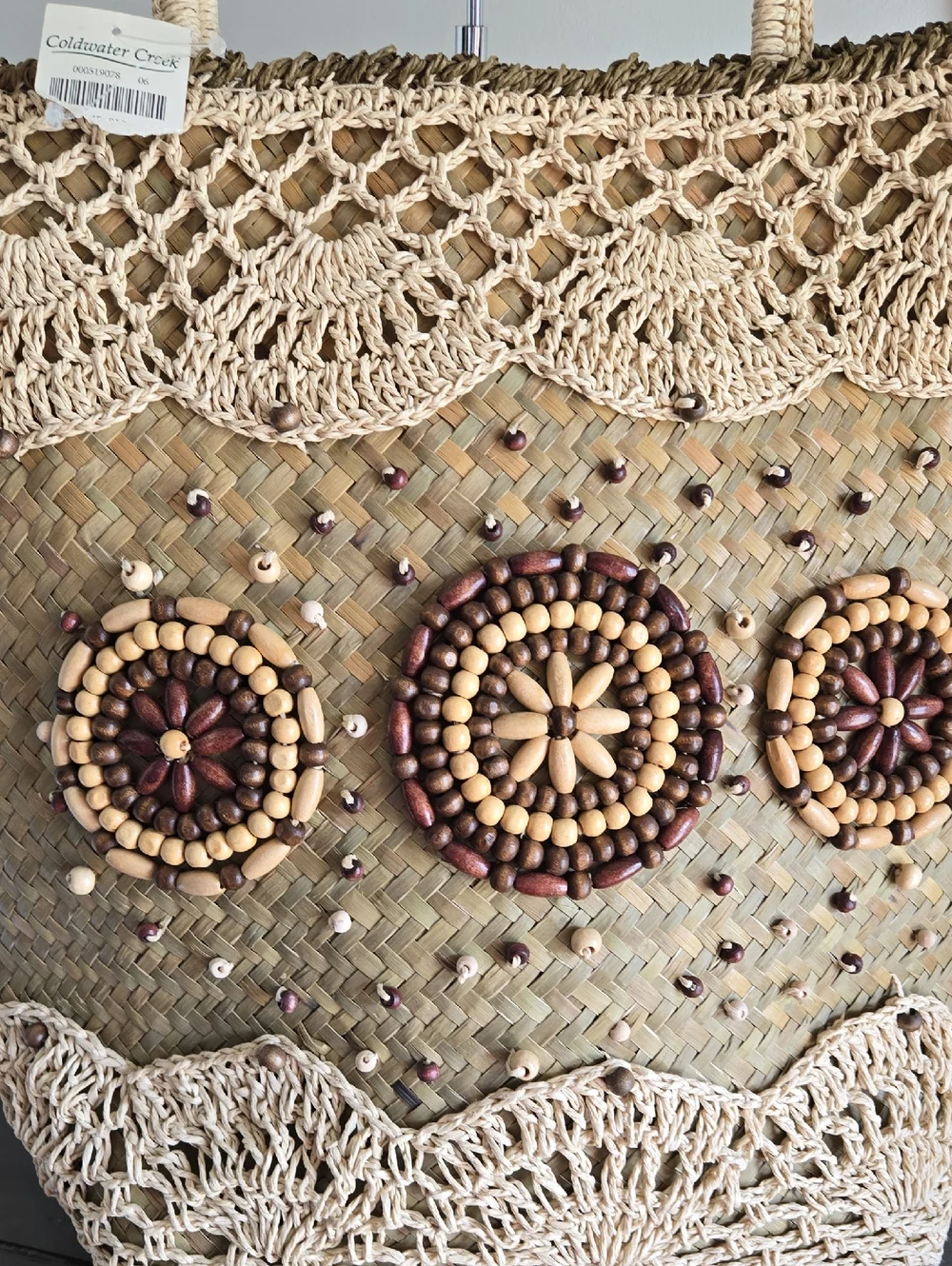 Coldwater Creek Straw Tote Bag with Bead Flower Accents